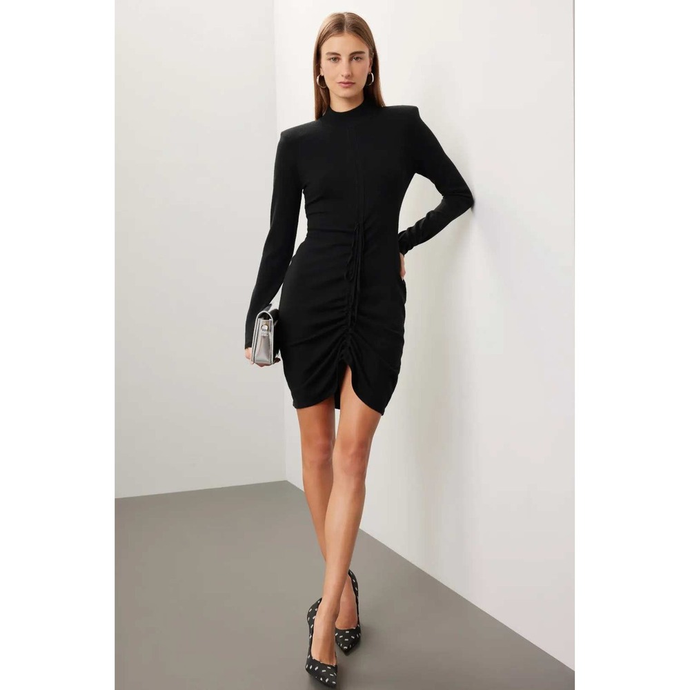 Ronny Kobo Black Ruched Drawstring Mock Neck Long Sleeve Mini Dress Large